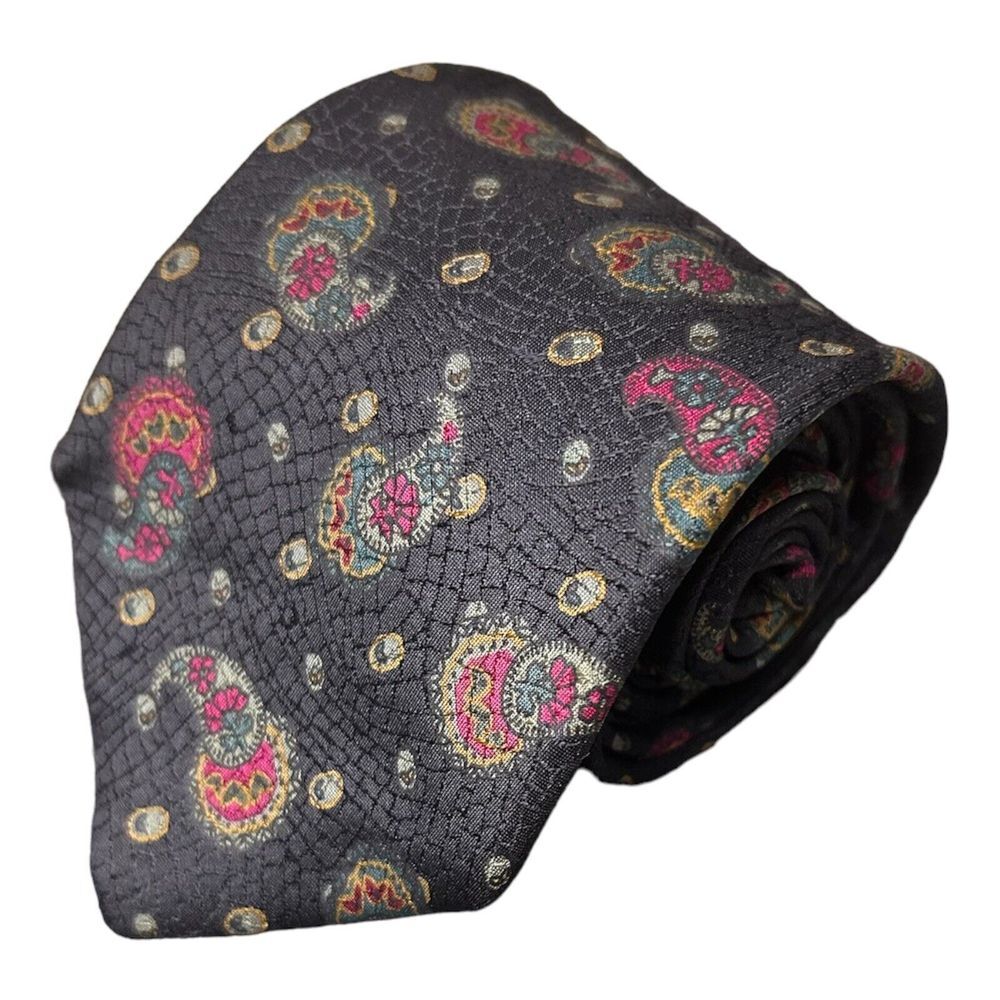 Yves Saint Laurent Tie 100% Silk‎ Black W/Red Green Paisley
